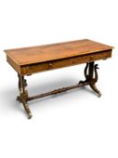 EARLY VICTORIAN MAHOGANY SOFA TABLE, circa 1840, fitted with two frieze drawers, lyre-shaped