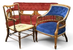 LATE VICTORIAN ROSEWOOD & INLAID SALON SOFA, circa 1890, upholstered throughout with red fabric,