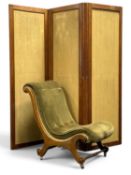 EDWARDIAN OAK-FRAMED FABRIC-COVERED THREE-FOLD DRESSING SCREEN, 168 (h) x 165cms (total width);