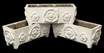 THREE RECTANGULAR PAINTED CONCRETE GARDEN TROUGHS, moulded decoration, 26 (h) x 80 (w) x 34cms (d)