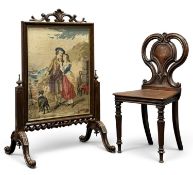 EARLY VICTORIAN ROSEWOOD PETIT POINT EMBROIDERED FIRE SCREEN, circa 1840, 105 (h) x 67cms (w);