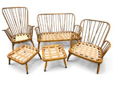 VINTAGE ERCOL LOUNGE SUITE, comprising two-seater settee, two high-back armchairs, and a pair of