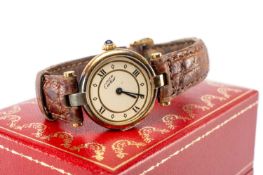 MUST DE CARTIER LADIES' VERMEIL QUARTZ SILVER-GILT WRISTWATCH on leather strap (for spares or