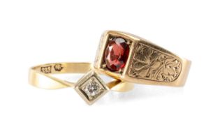 TWO YELLOW METAL RINGS comprising oval mixed-cut garnet ring and round-cut diamond ring, both