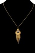 VICTORIAN YELLOW GOLD, ENAMELLED & SPLIT PEARL TASSELLED PENDANT, unmarked, 50 x 17mms, suspended