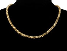 UNMARKED YELLOW METAL SPIGA-LINK CHOKER NECKLACE with lobster claw clasp, KEE tests as 18ct,