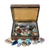 ANTIQUE WOODEN BOX containing collection of mineral specimens including quartz crystal cluster,