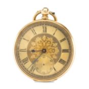 14K GOLD OPEN FACE POCKET WATCH, circular gilt foliate dial with Roman numerals, top wind, 72.2g