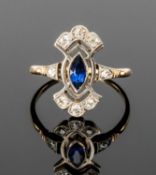 EDWARDIAN SAPPHIRE & DIAMOND RING, millegrain set with single bright marquise-cut sapphire between