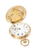 GEORGE V 9CT GOLD KEYLESS WIND HUNTER POCKET WATCH, white enamel Roman dial signed by retailer