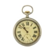 G.W.R. NICKEL POCKET WATCH, signed and numbered white enamel bold Roman dial with subsid. secs.