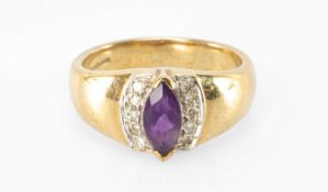 AMETHYST & DIAMOND CLUSTER RING in 9ct gold, centred with a marquise-cut amethyst, bordered with