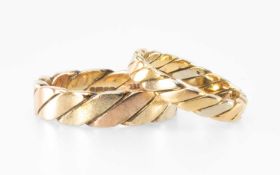 GENT'S 9CT TWO-COLOUR GOLD WEDDING RING of wrythen design, size T, 7.9g; and a similar design