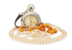 GRADUATED BUTTERSCOTCH AMBER BEADS WITH 9CT GOLD CLASP, two simulated pearl necklaces, one with