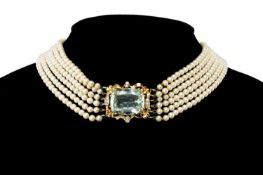 FINE ANTIQUE AQUAMARINE, DIAMOND & PEARL NECKLACE, the pale blue mixed cut stone set in scrolled