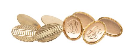 TWO PAIRS OF 9CT GOLD OVAL CUFFLINKS, one pair engine-turned, the other with engraved initials, 11.