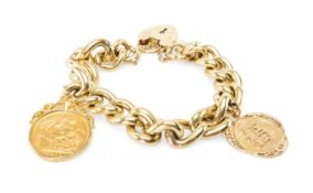 9CT GOLD CURB-LINK BRACELET with sovereign and Chinese character charms, padlock clasp, links solid,
