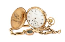 9CT GOLD WALTHAM FULL HUNTER POCKET WATCH, circular white stepped enamel dial with Roman numerals,