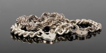 THREE SILVER BRACELETS, two with curb links and padlock clasps, another with rope-twist links, total