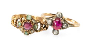 VICTORIAN GARNET, PEARL & EMERALD CLUSTER RING in 12ct gold, size L, 1.6g; and an attractive