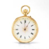 18CT GOLD LADIES' FOB WATCH, circa 1900, 'jewelled' gilt decorated dial, foliate engraved case,