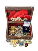 ANTIQUE WOODEN MOTHER-OF-PEARL INLAID BOX, containing assorted costume and dress jewellery including