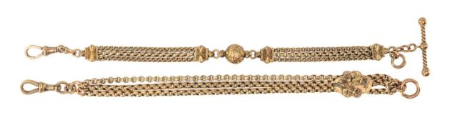 TWO LATE VICTORIAN 9CT GOLD LADIES' FANCY WATCH CHAINS, one having a sliding collar worked with