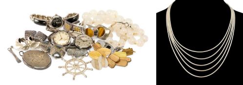 ASSORTED SILVER & OTHER JEWELLERY, including silver multi-strand necklace, silver ladies' quartz