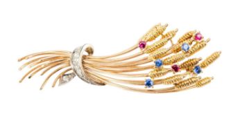 18CT GOLD DIAMOND, SAPPHIRE & RUBY BULLRUSH SPRAY BROOCH, 57mm, 10.0g Provenance: private collection