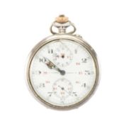 RARE WWI F. L. LÖBNER GERMAN NAVAL SINGLE-PUSH SILVER POCKET CHRONOGRAPH, circa 1915, white enamel