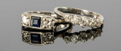 TWO 18CT WHITE GOLD RINGS, one set with sapphire & diamonds, central square-cut sapphire (damaged)