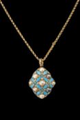 VICTORIAN STYLE PEARL, ENAMEL & DIAMOND PENDANT, on yellow metal chain, 43cms long, 12.9g in