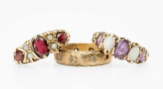 GARNET & OPAL CLUSTER RING in 9ct gold, size O, 3.6g; further opal and garnet cluster ring in 9ct