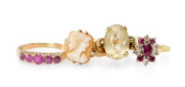 PINK GEM & DIAMOND CLUSTER RING in 18ct gold, size M, 2.6g; and a pink gem five-stone ring in 14ct