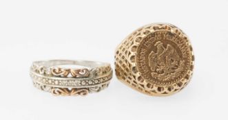9CT GOLD MEXICAN COIN RING, the coin of Dos Pesos (metalion), size K, 4.1g; and a Clogau silver