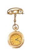 14CT GOLD SWISS LADIES' FOB WATCH, gold Roman dial with floral engraved centre, overall engraved