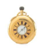 18CT J.W. BENSON HALF-HUNTER POCKET WATCH, signed white enamel Roman dial, subsid. secs. dial,
