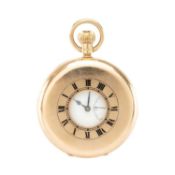 GEORGE V 9CT GOLD HALF HUNTER KEYLESS WIND POCKET WATCH, white enamel Roman dial subsidiary seconds,