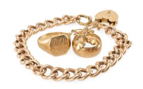 9CT CURB-LINK BRACELET, with padlock clasp and safety chain, together with 9ct signet ring with