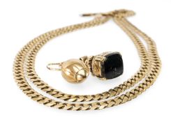 9CT GOLD FLAT CURB-LINK LONG NECKLACE, 65cms (l), 20.2g; together with a 9ct gold rugby ball