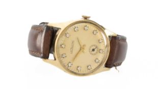 VINTAGE LECOULTRE 14K GOLD WRISTWATCH, the gold coloured circular dial with white gem-set hour
