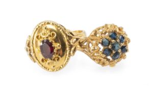 TWO 9CT GOLD RINGS comprising seven-stone cluster sapphire ring, and a believed ruby oval-cut