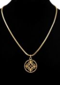 9CT GOLD HERRINGBONE CHOKER NECKLACE, 44cms (l), supporting a 9ct gold disc pendant, 23mms (