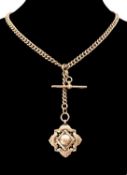 9CT GOLD ALBERT CHAIN, curb link, T-bar, watch fob medal engraved with initials, 47cms (l), 51.2g