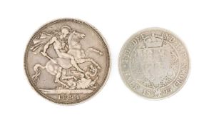 VICTORIA CROWN, 1894, LVIII (F); half crown, 1895 (P-F), gross weight 41.7g Provenance: private