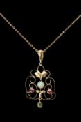 EDWARDIAN 9CT GOLD OPENWORK PENDANT set with opal, garnets and peridot, 47mms drop, suspended from a
