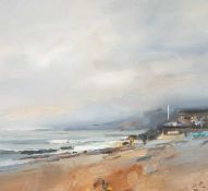 ‡ DAVID ATKINS (English, b. 1964) oil on board - Charmouth Beach in Late Winter, signed, signed