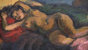 ‡ GEORGE CHAPMAN (English, 1908-1993) oil on board - reclining nude, signed, 34 x 59cms