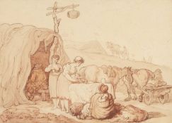ATTRIBUTED TO THOMAS ROWLANDSON (English, 1756-1827) ink and wash - tented family encampment with