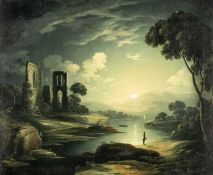 ATTRIBUTED TO SEBASTIAN PETHER (English, 1790-1844) oil on canvas - traveler in moonlit Italianate